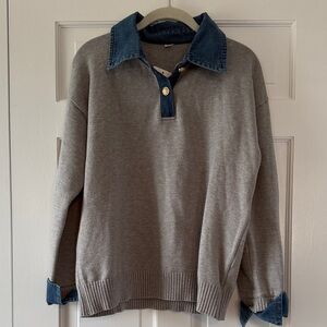 NWT GUNEST MIXED MEDIA GRAY SWEATER BLUE DENIM COLLAR CUFFS WOMEN'S SMALL GOLD